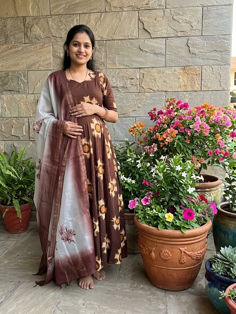 Soft cotton Maternity maxi with dupatta Coffee brown