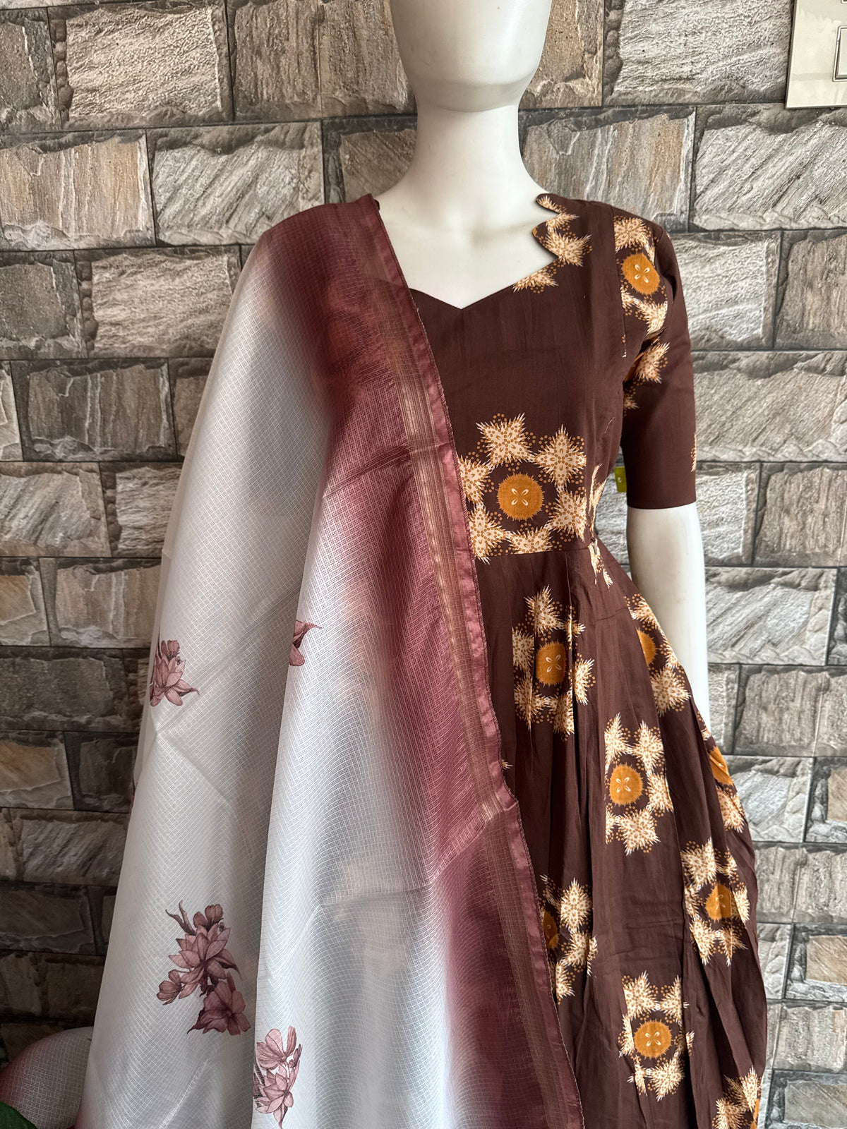 Soft cotton Maternity maxi with dupatta Coffee brown
