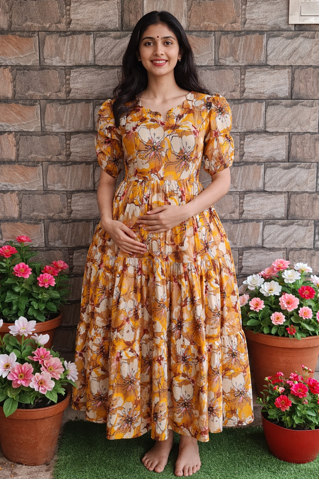 Yellow shade leaf Delta Maternity maxi