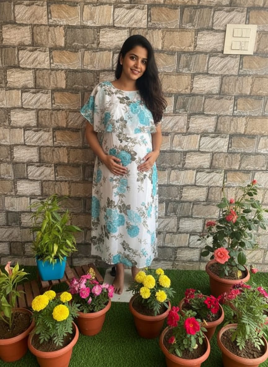 white skyblue flower georgette