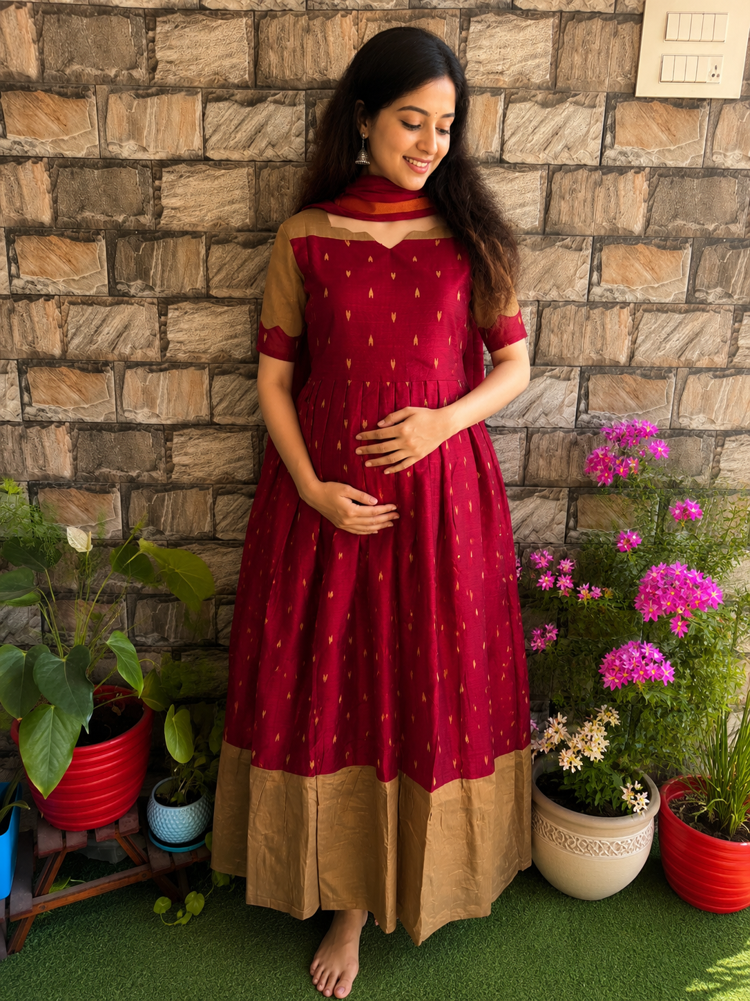 Festive wear Maternity raw silk maxi Maroon blossom