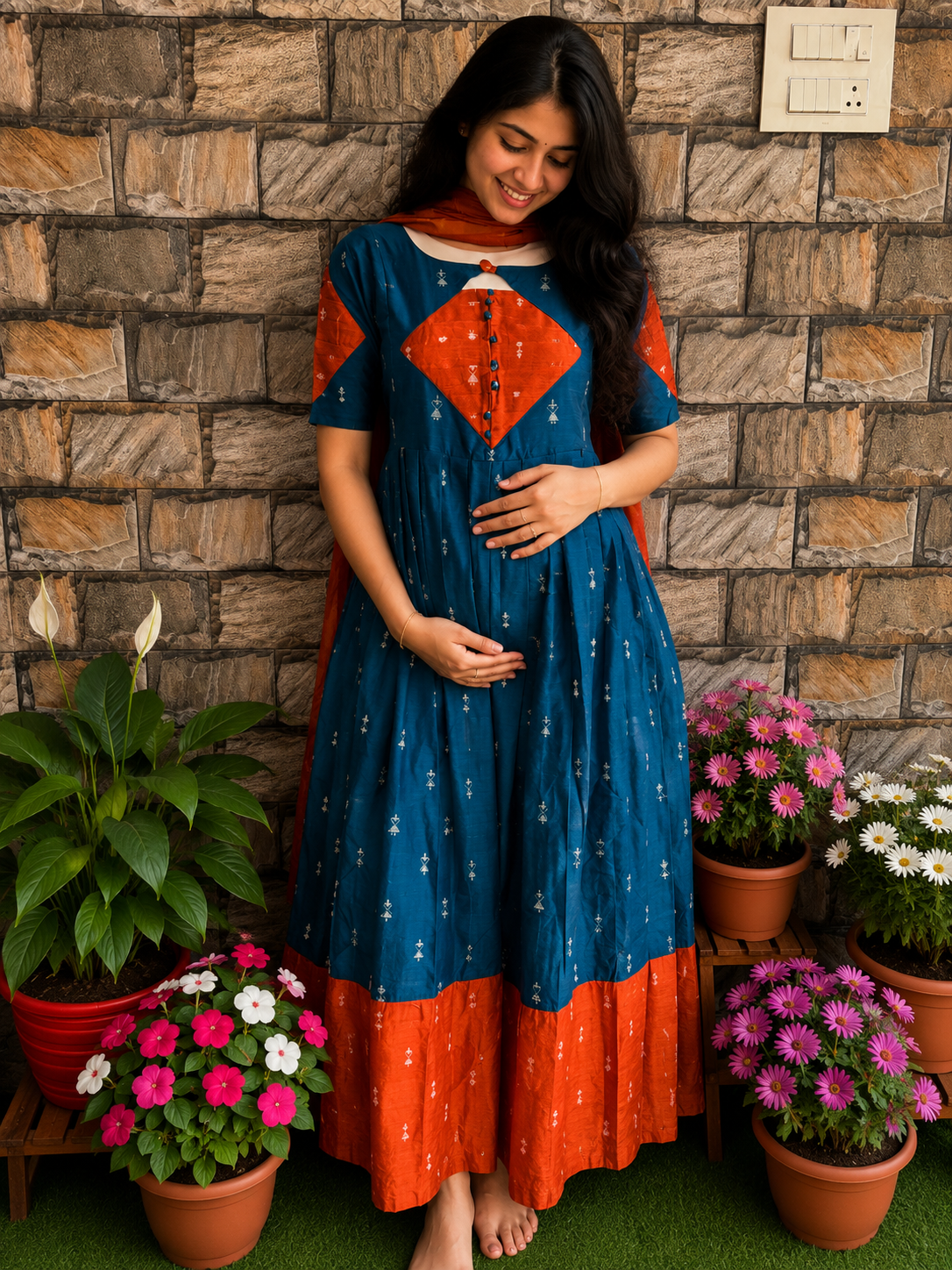 Festive wear Maternity raw silk maxi Rust orange