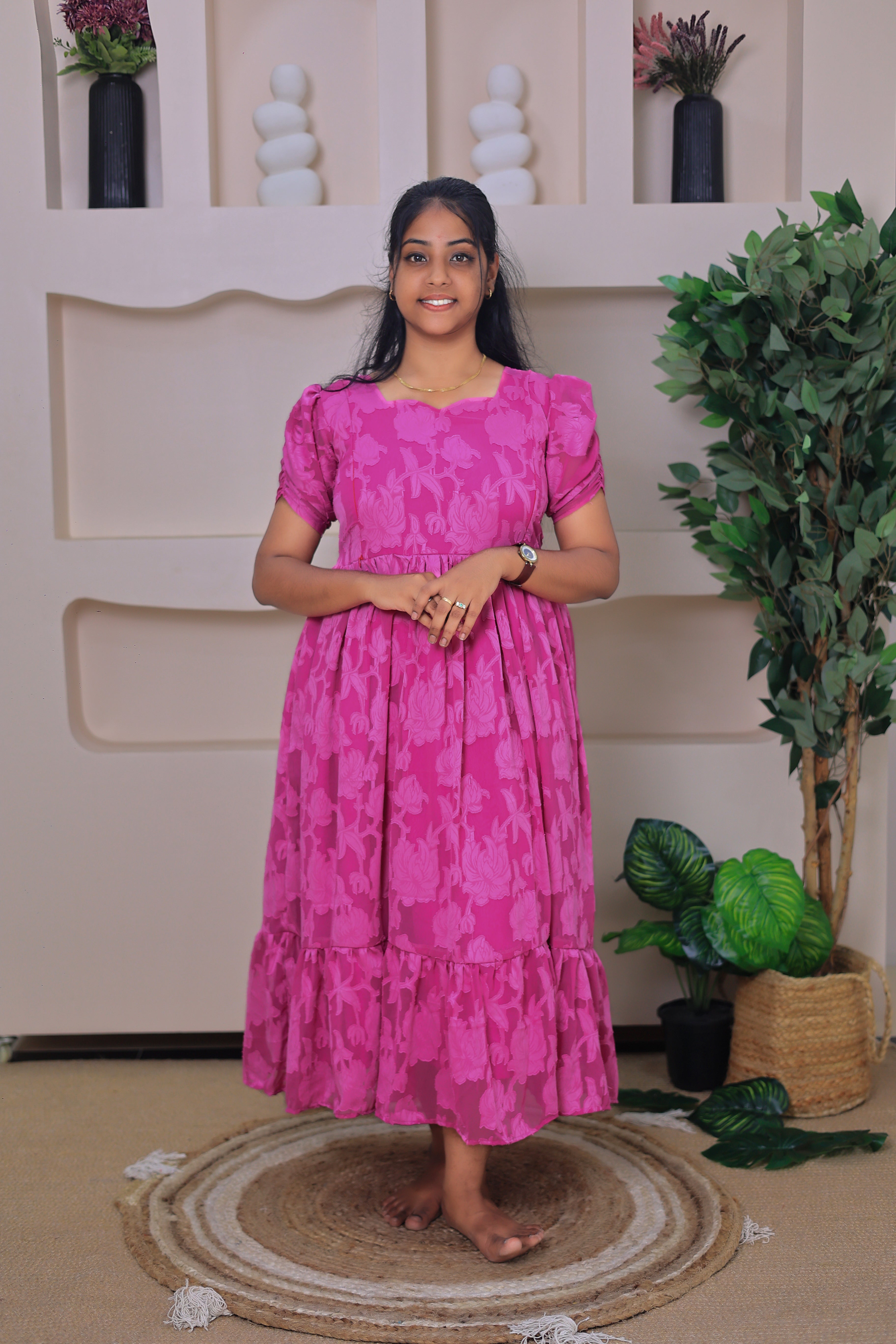 Dobby Georgette maternity feeding maxi - Magenta pink shade