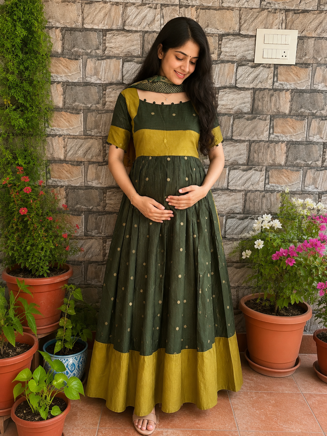 Festive wear Maternity raw silk maxi Olive Green
