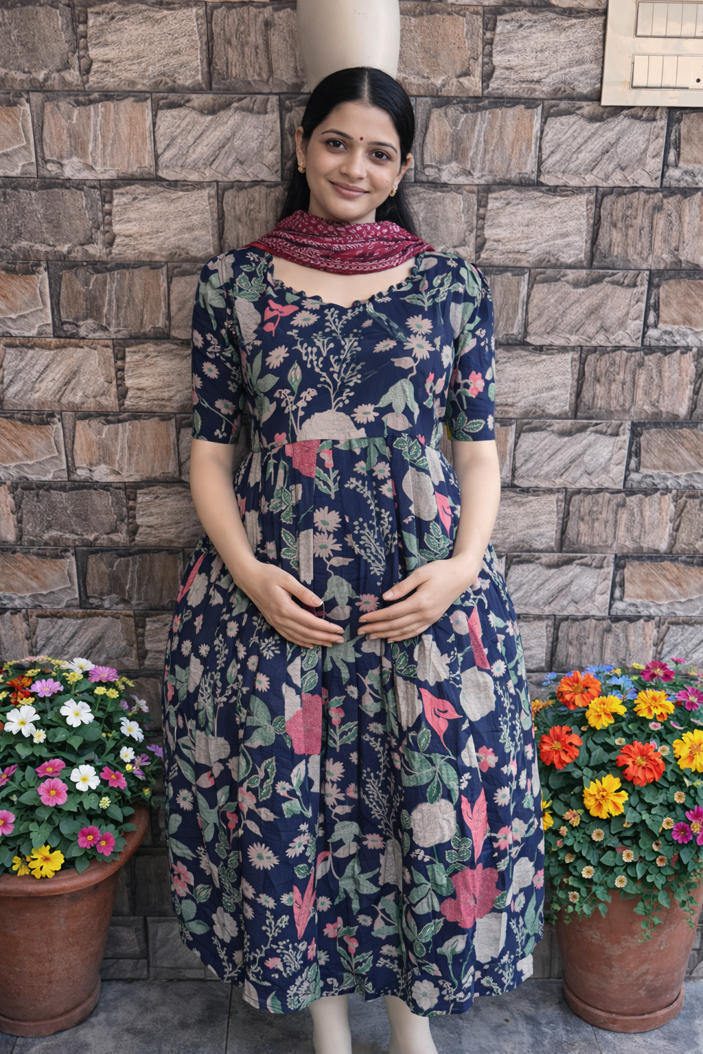 Pale navy Blue Cotton Maternity Maxi