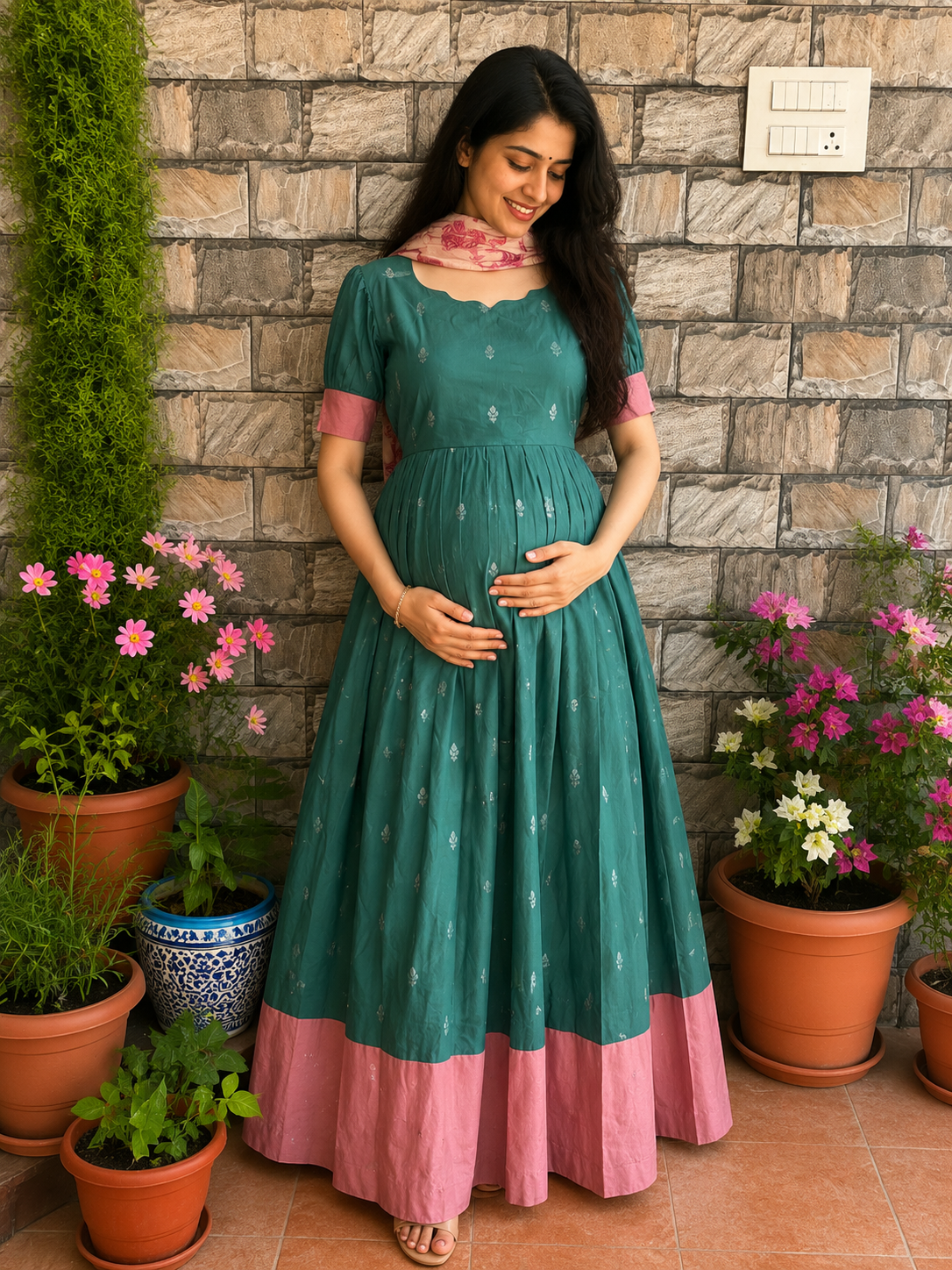 Festive wear Maternity silk handloom maxi English Green