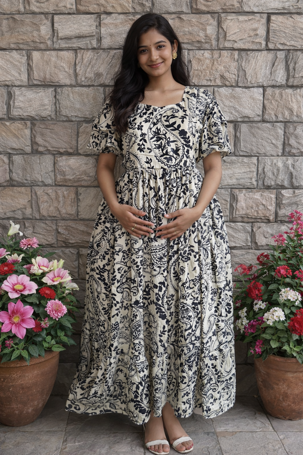 Kalamkari half white Delta Georgette Maternity Maxi