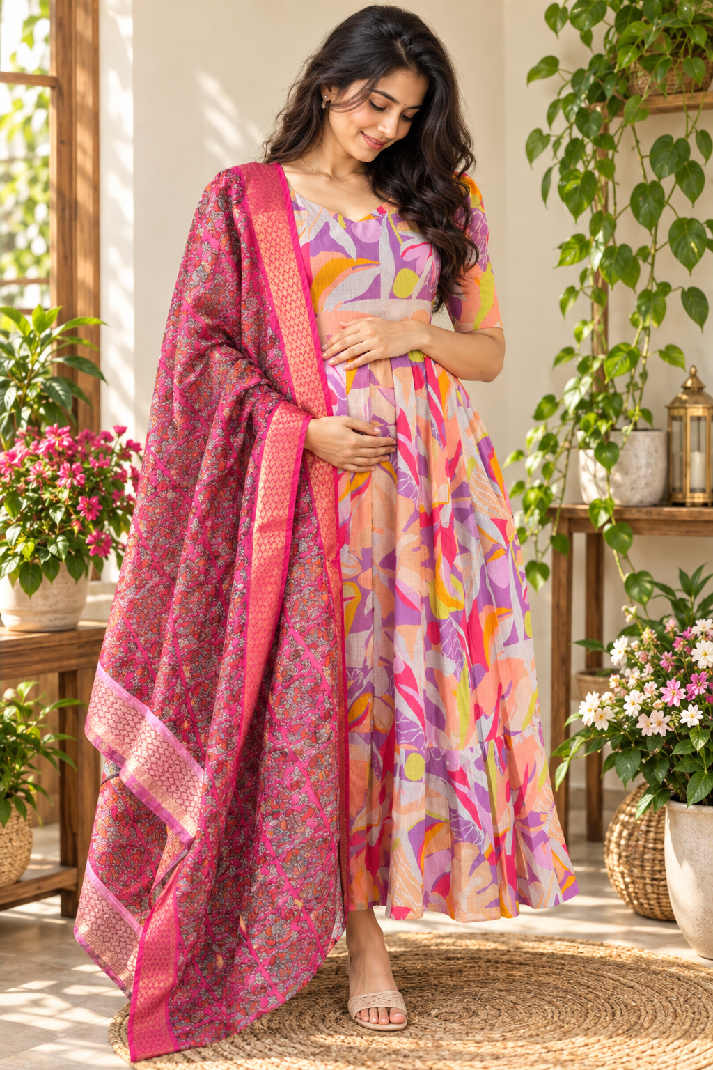Soft cotton Maternity Feeding Maxi WITH DUPATTA Lavender
