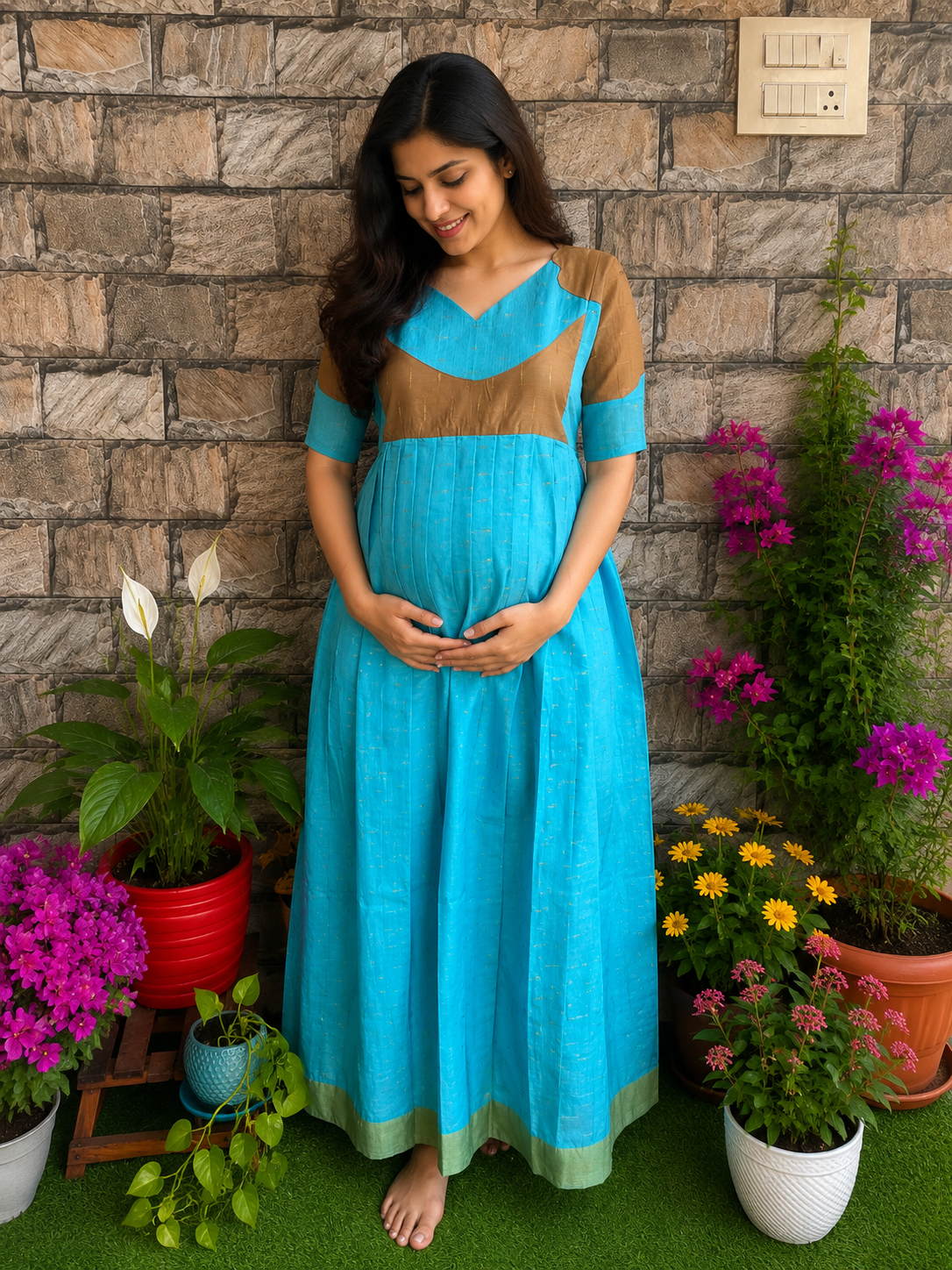 Festive wear Maternity raw silk maxi Sky Blue Budget launch