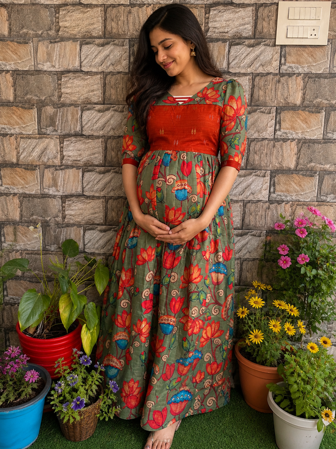 Chanderi Raw silk Maternity maxi Kalamkari