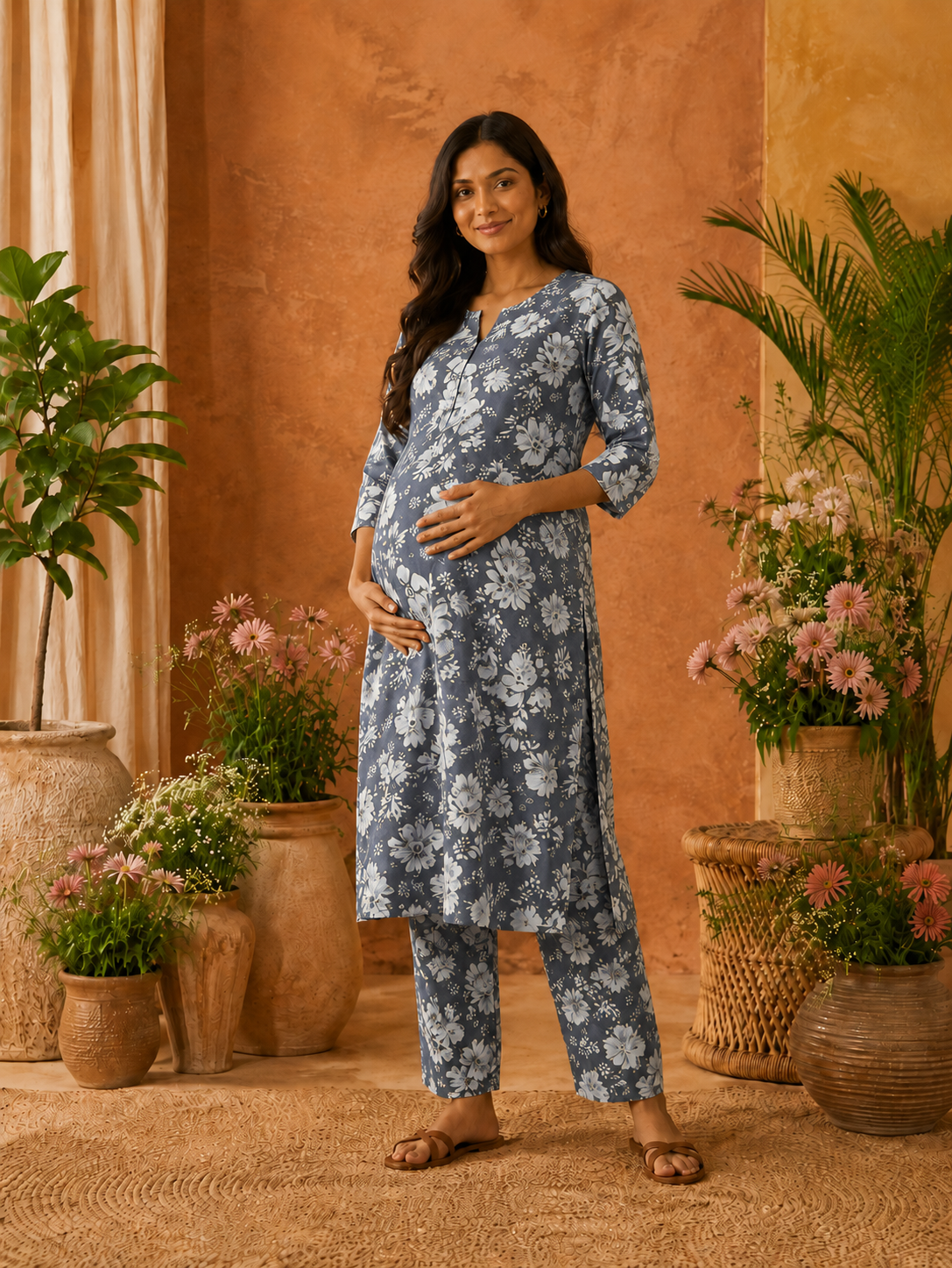 Deep Grey Small floral Co ord Set Top +Pant