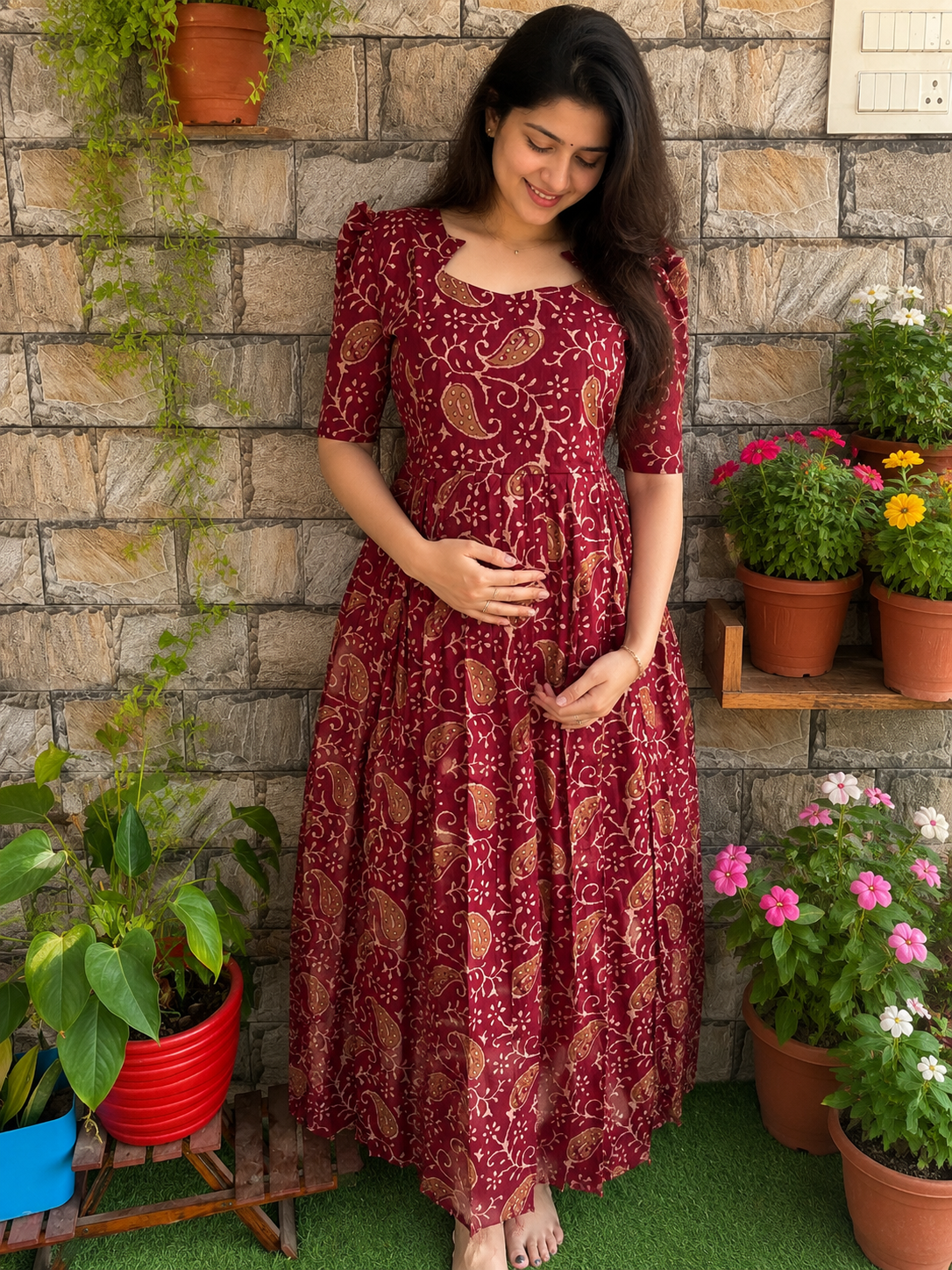 Maroon soft cotton Maternity maxi