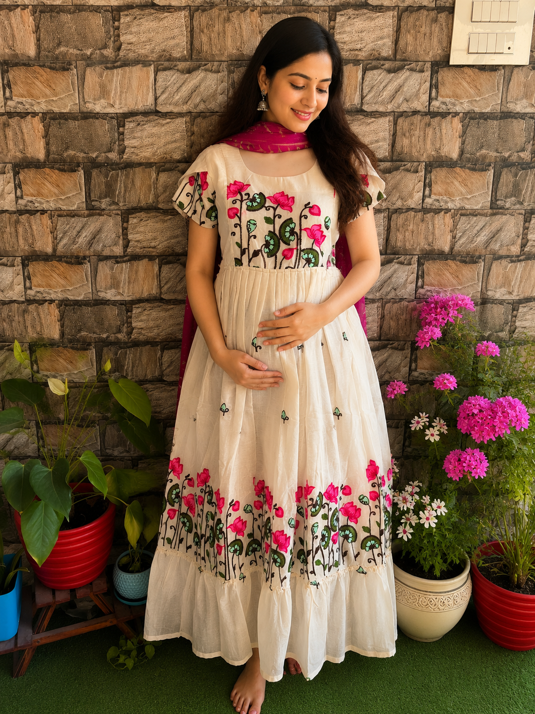 Half white Kota embroidery Maternity maxi - Lotus