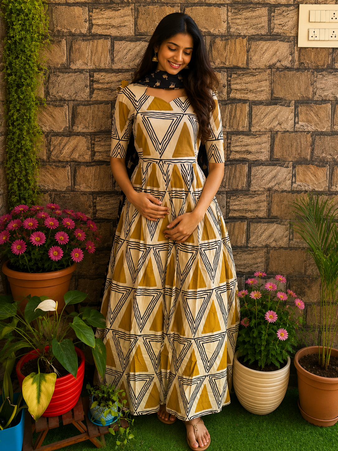 Geometric Baguru Handblock soft cotton Maternity maxi