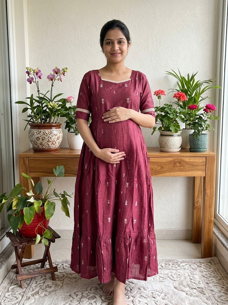 Diwali series Maternity raw silk maxi Dark onion peel- without Dupatta