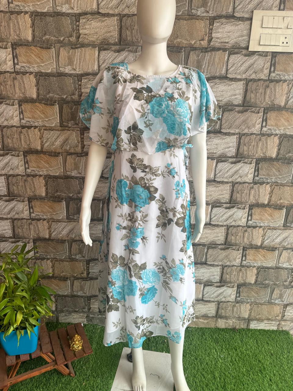 white skyblue flower georgette
