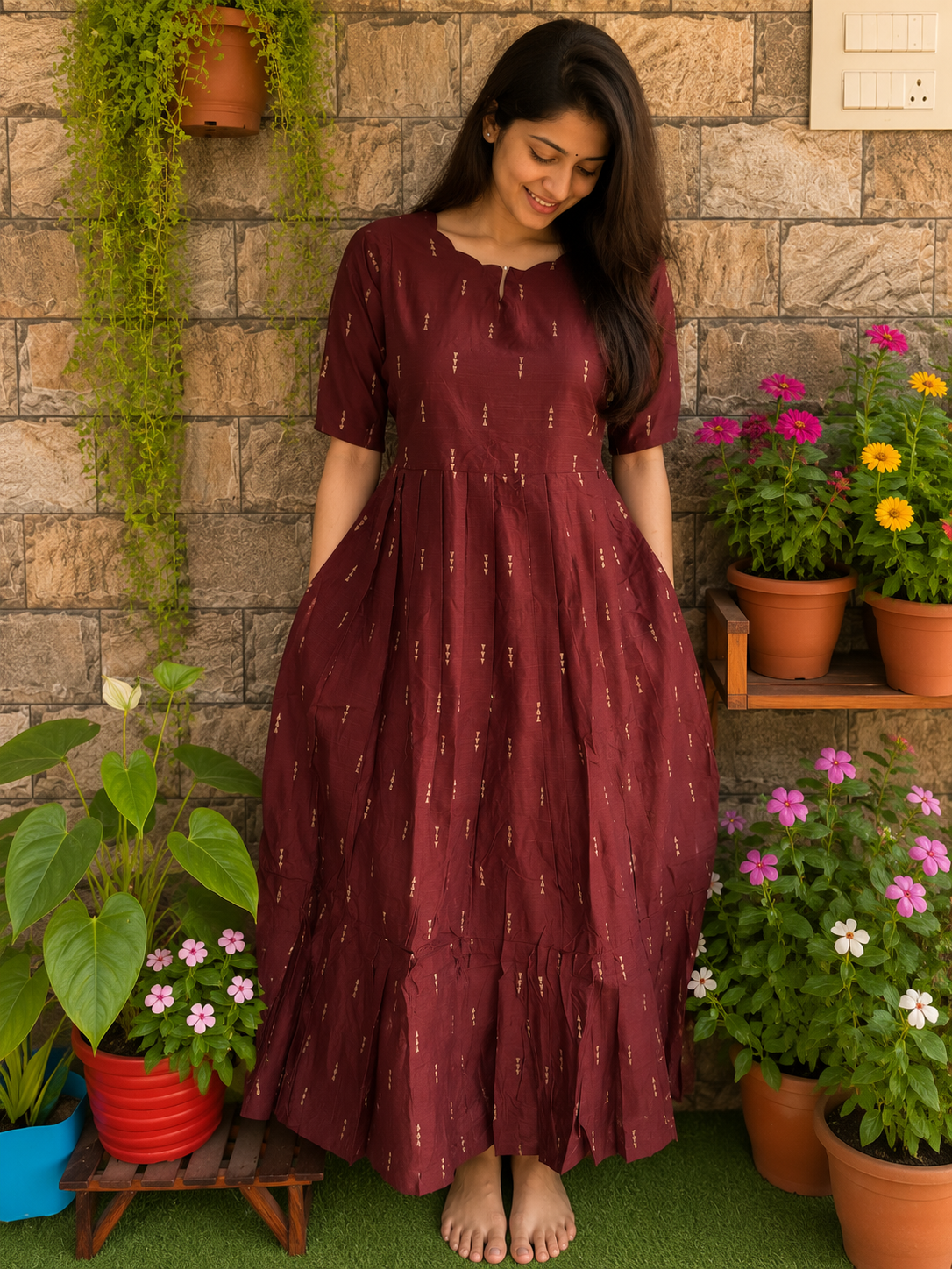 Festive wear Maternity raw silk maxi Coffee Brick Brown