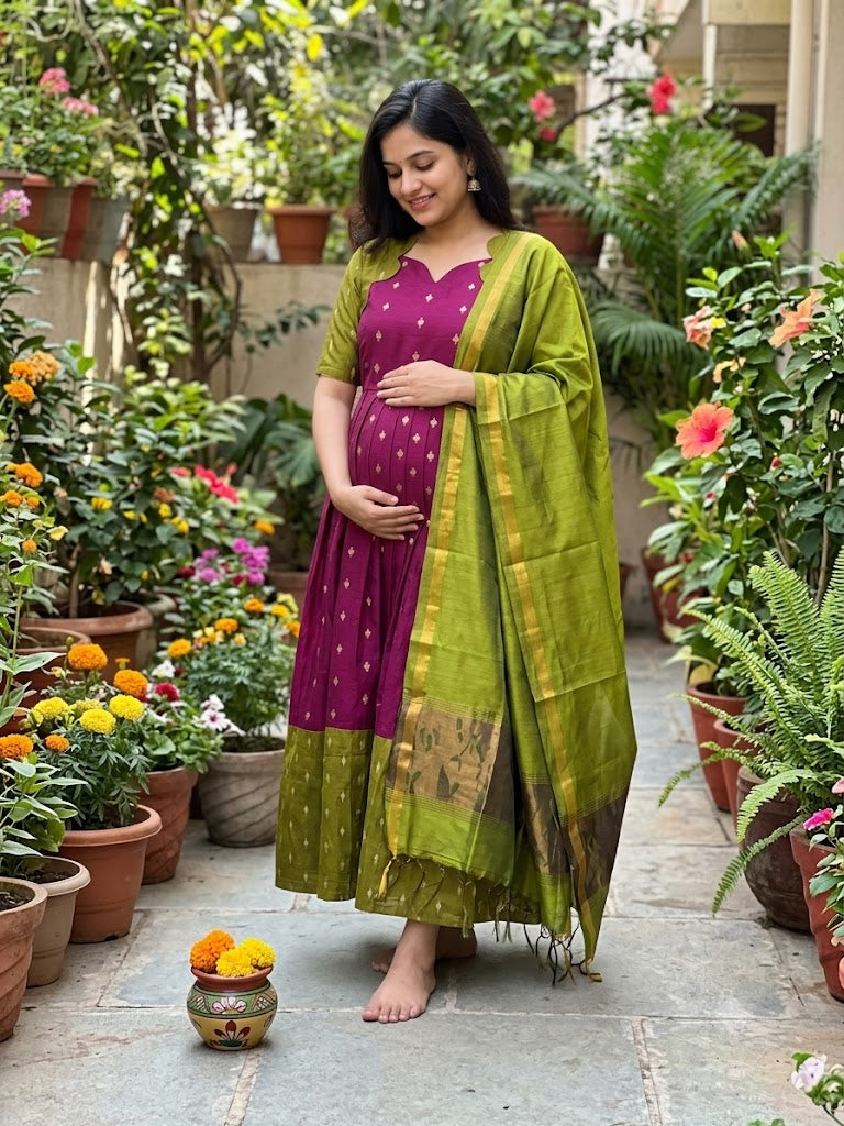 Diwali series Maternity raw silk maxi- with Dupatta
