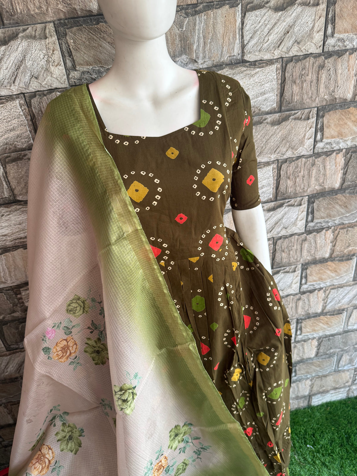 Soft cotton Maternity maxi with dupatta Olive