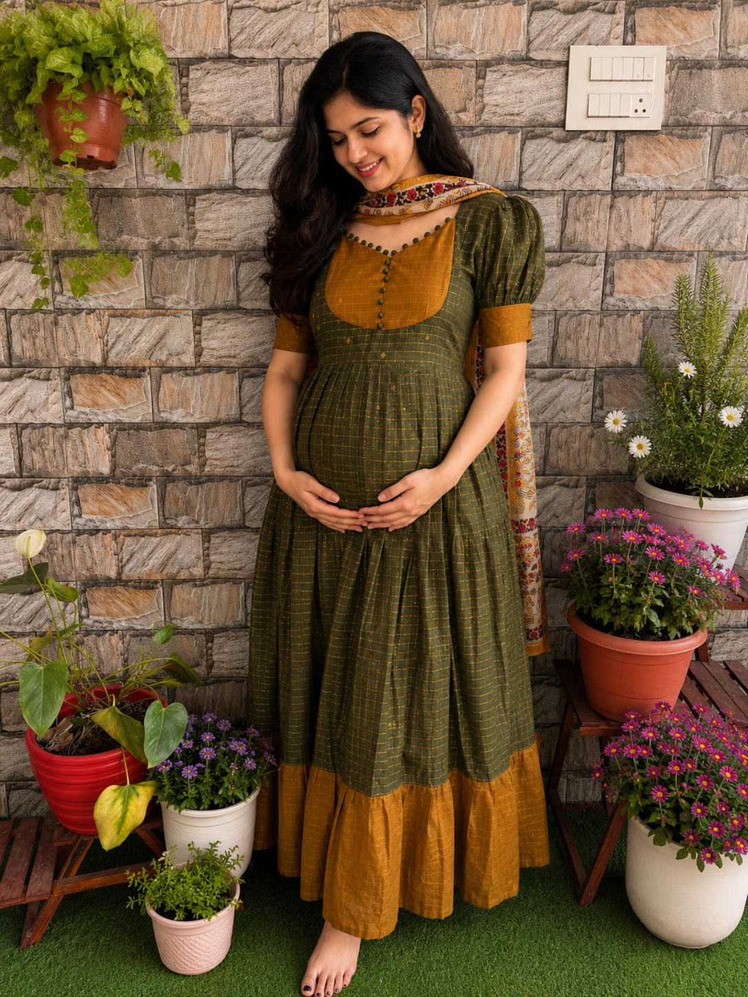 Festive wear Maternity Handloom silk maxi Mahendi