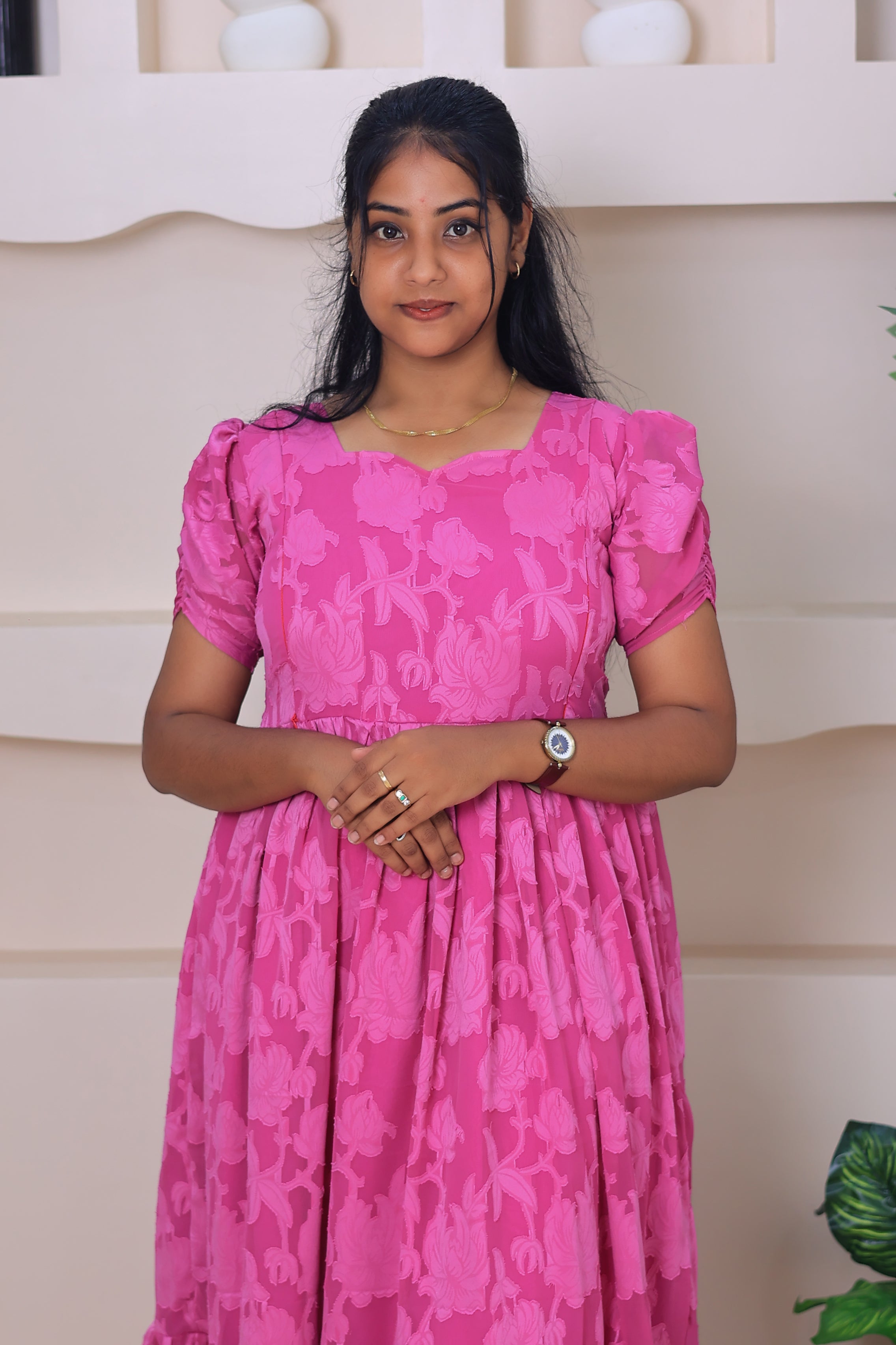 Dobby Georgette maternity feeding maxi - Magenta pink shade
