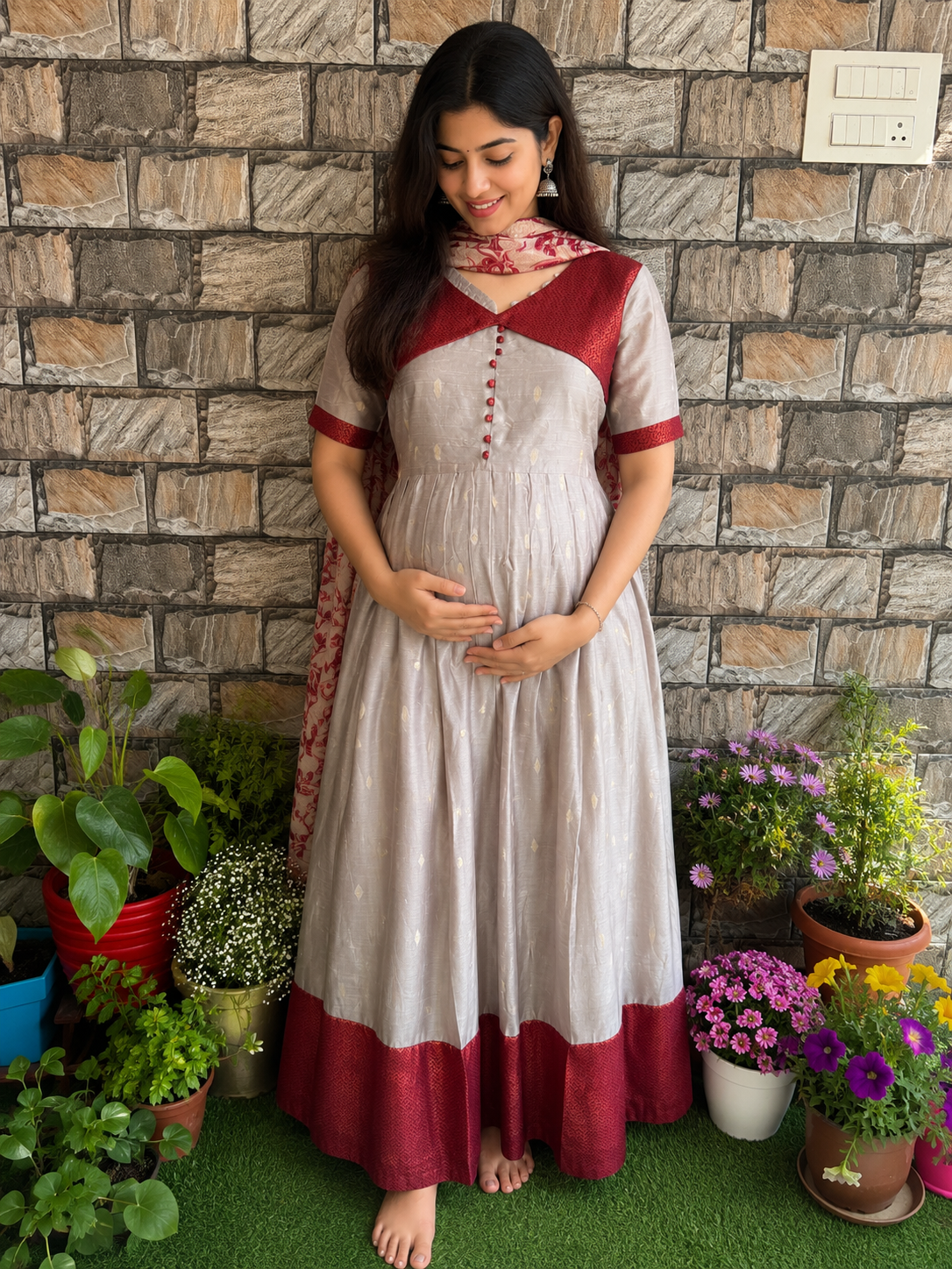 Festive wear Maternity raw silk maxi SILVER lady