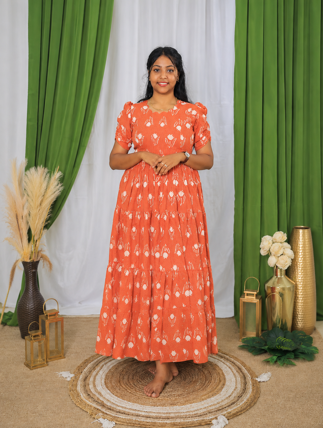 Soft kanta cotton Maternity Feeding  maxi - Rust orange