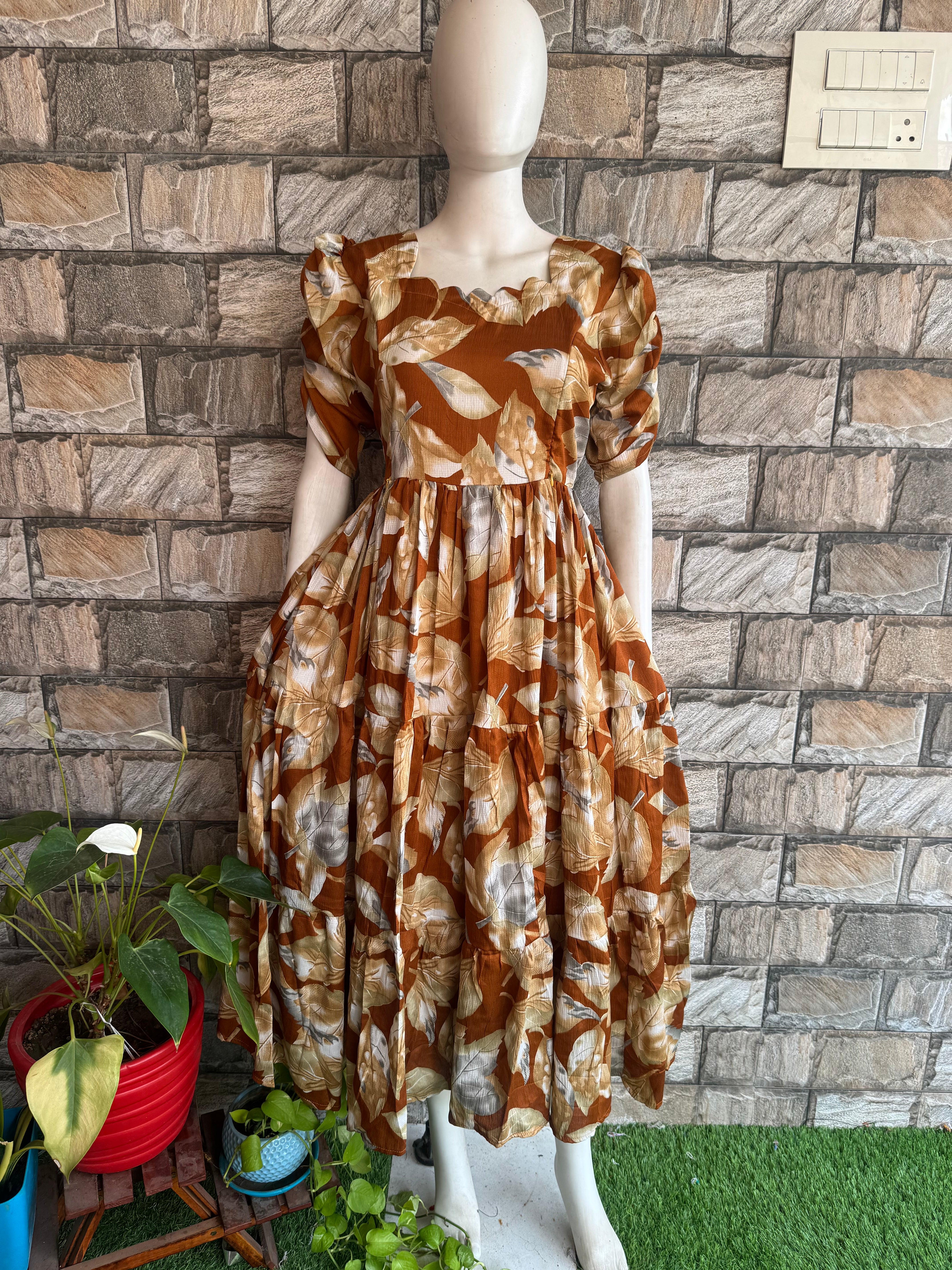 Brownish rust orange shade leaf Delta Maternity maxi