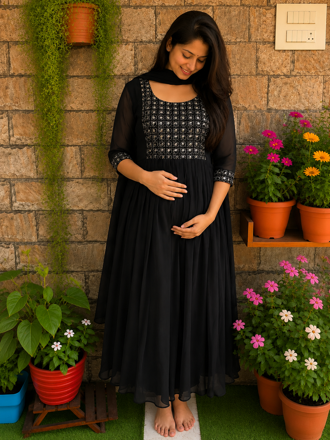 Handwork festive Georgette Maternity set Maxi Black
