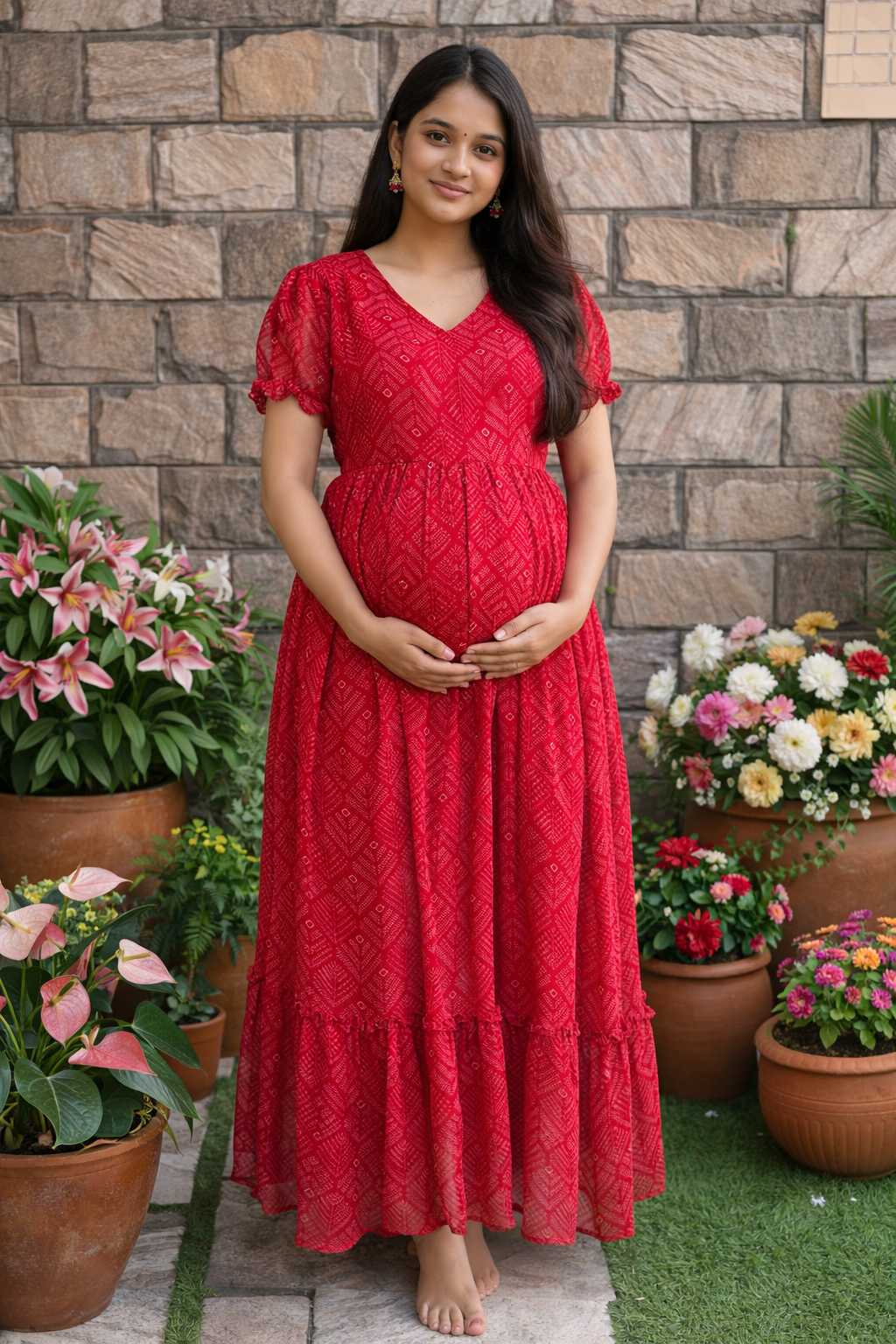 Red bhandhini maternity maxi