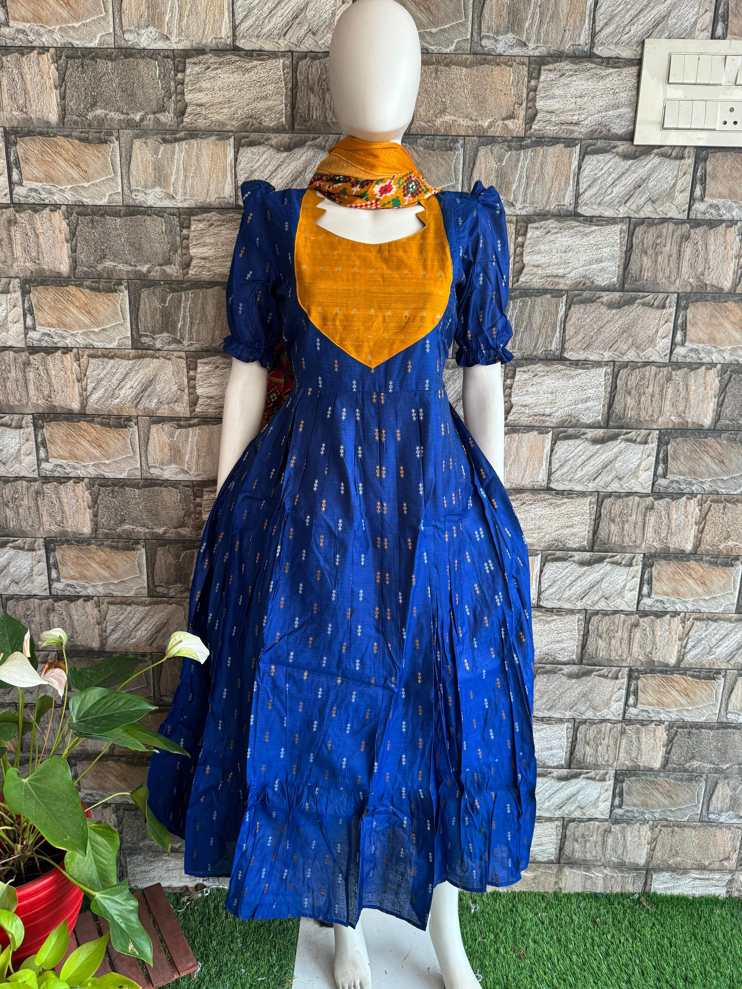 Royal Blue Raw Silk maxi with Yellow Patch CF131