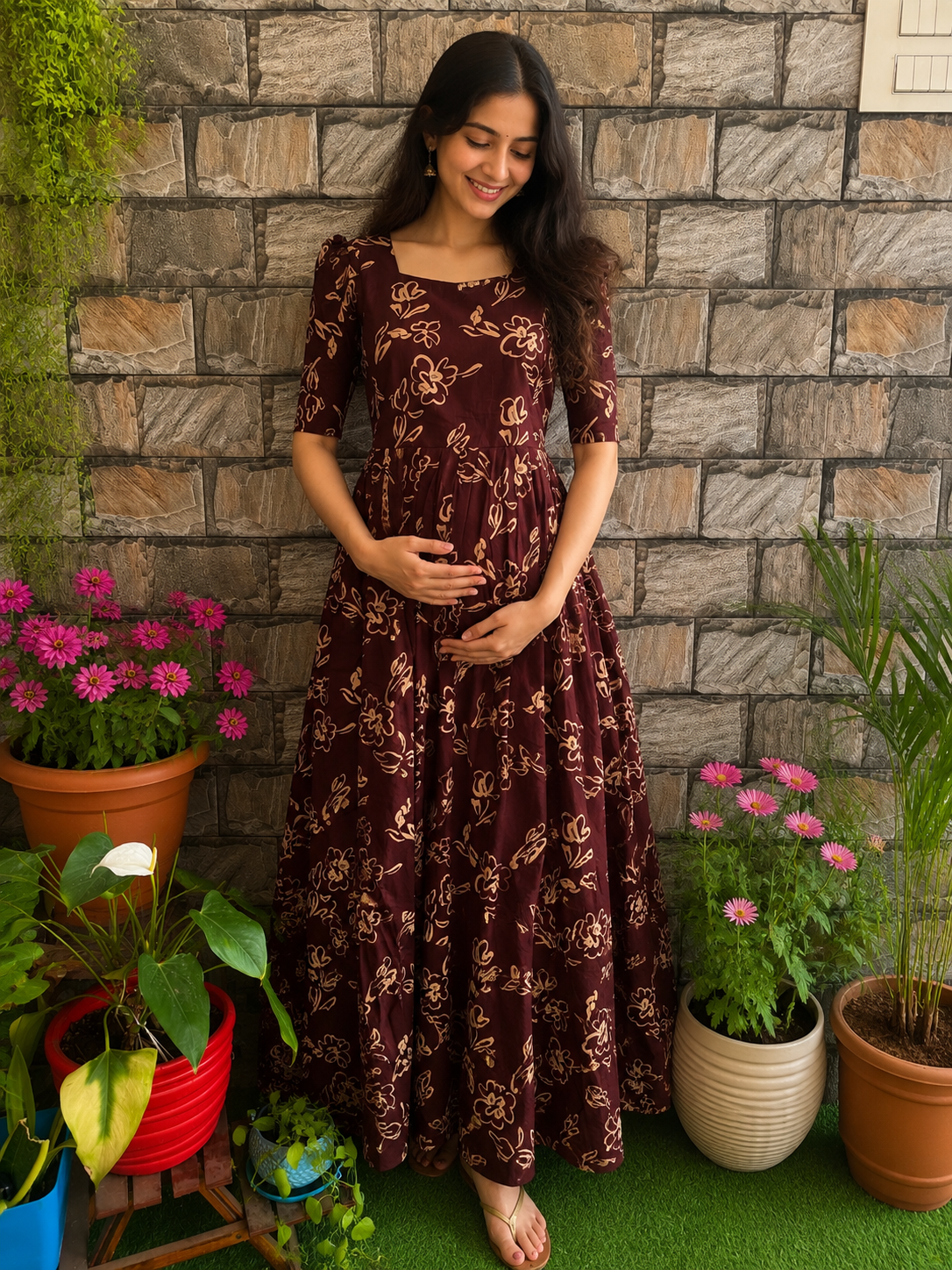 Brick brown peel soft cotton Maternity maxi