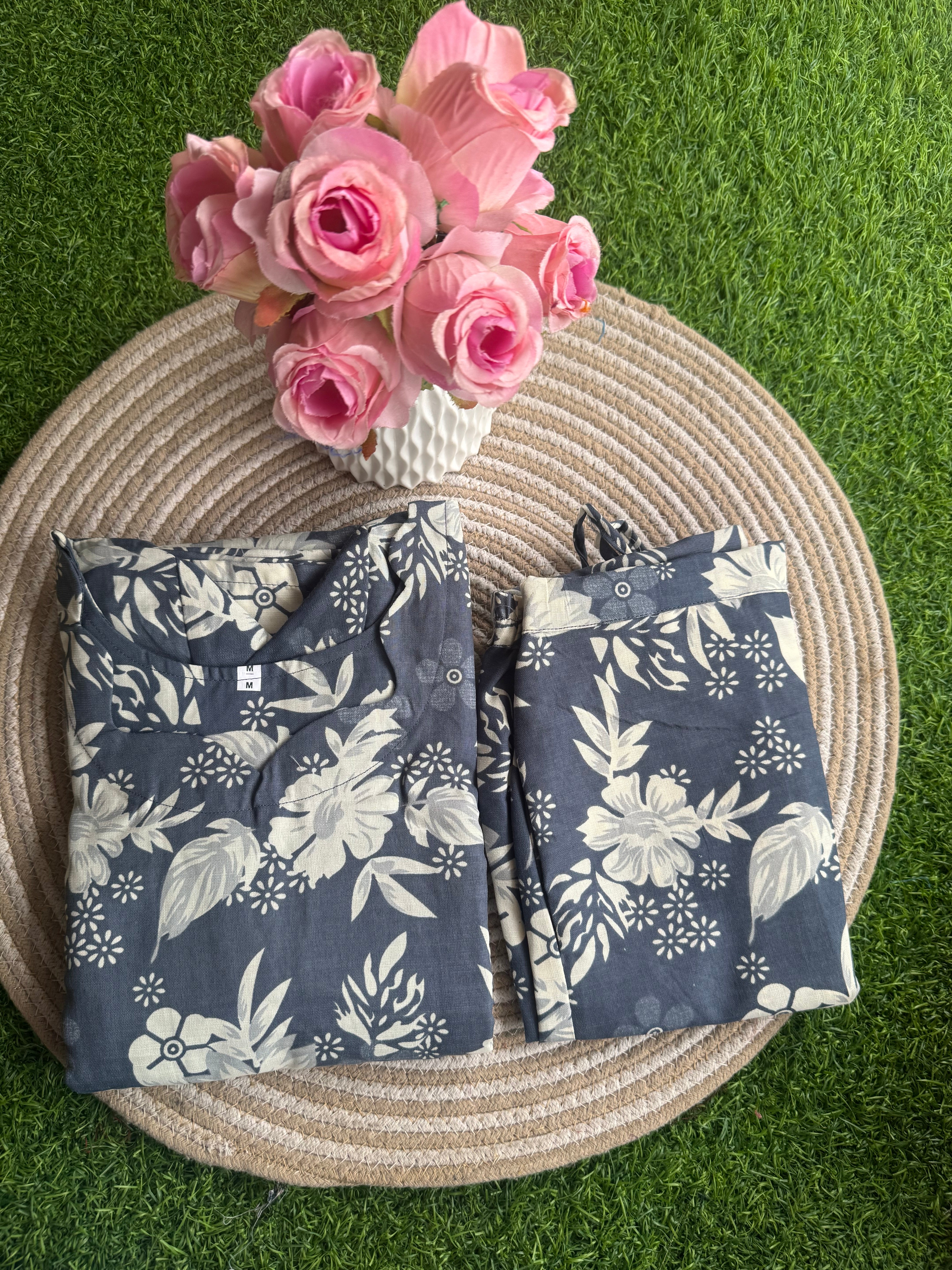 Deep Grey Small floral Co ord Set Top +Pant