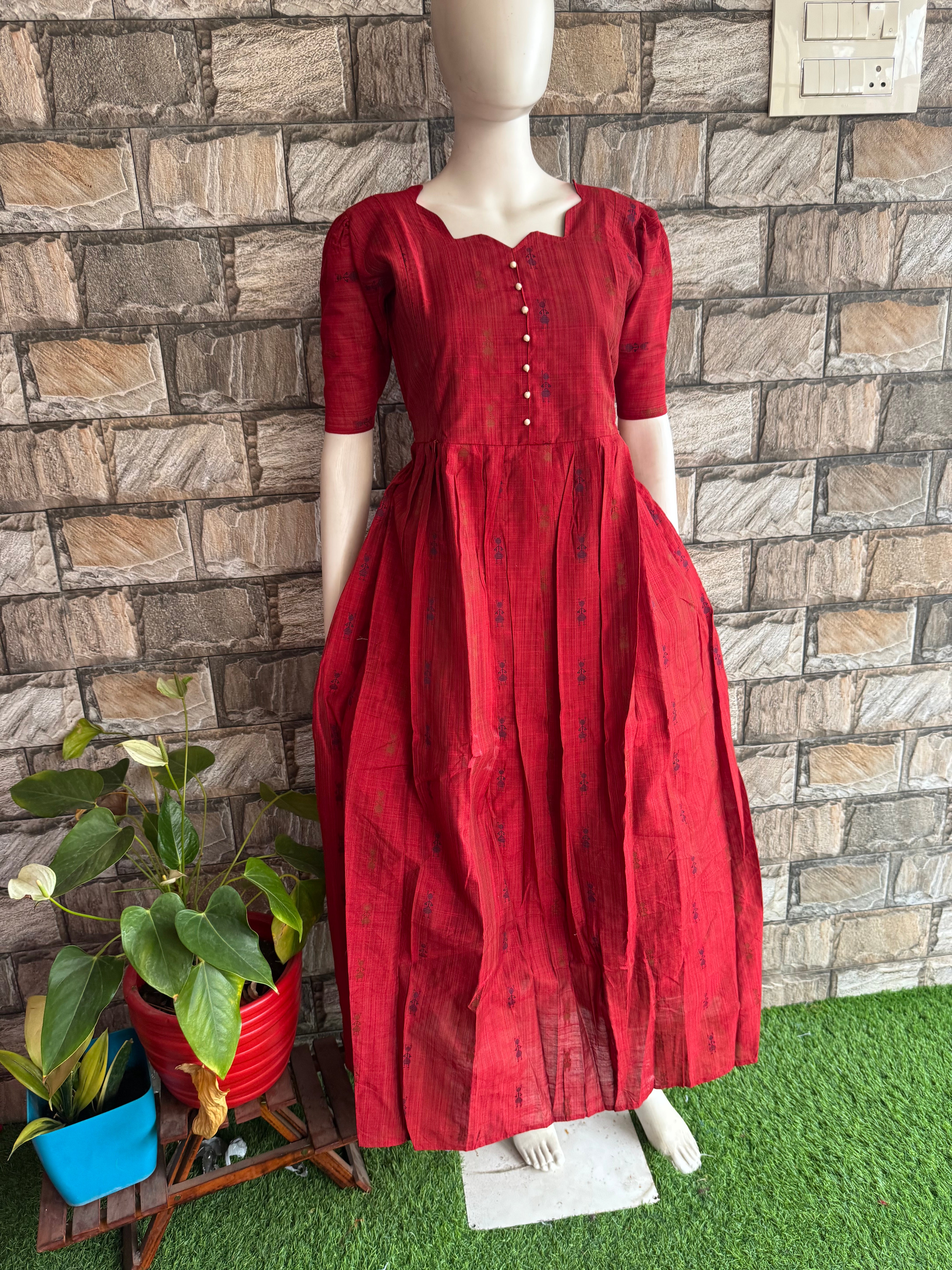 Jacquard handloom cotton  maternity Feeding maxi Maroon