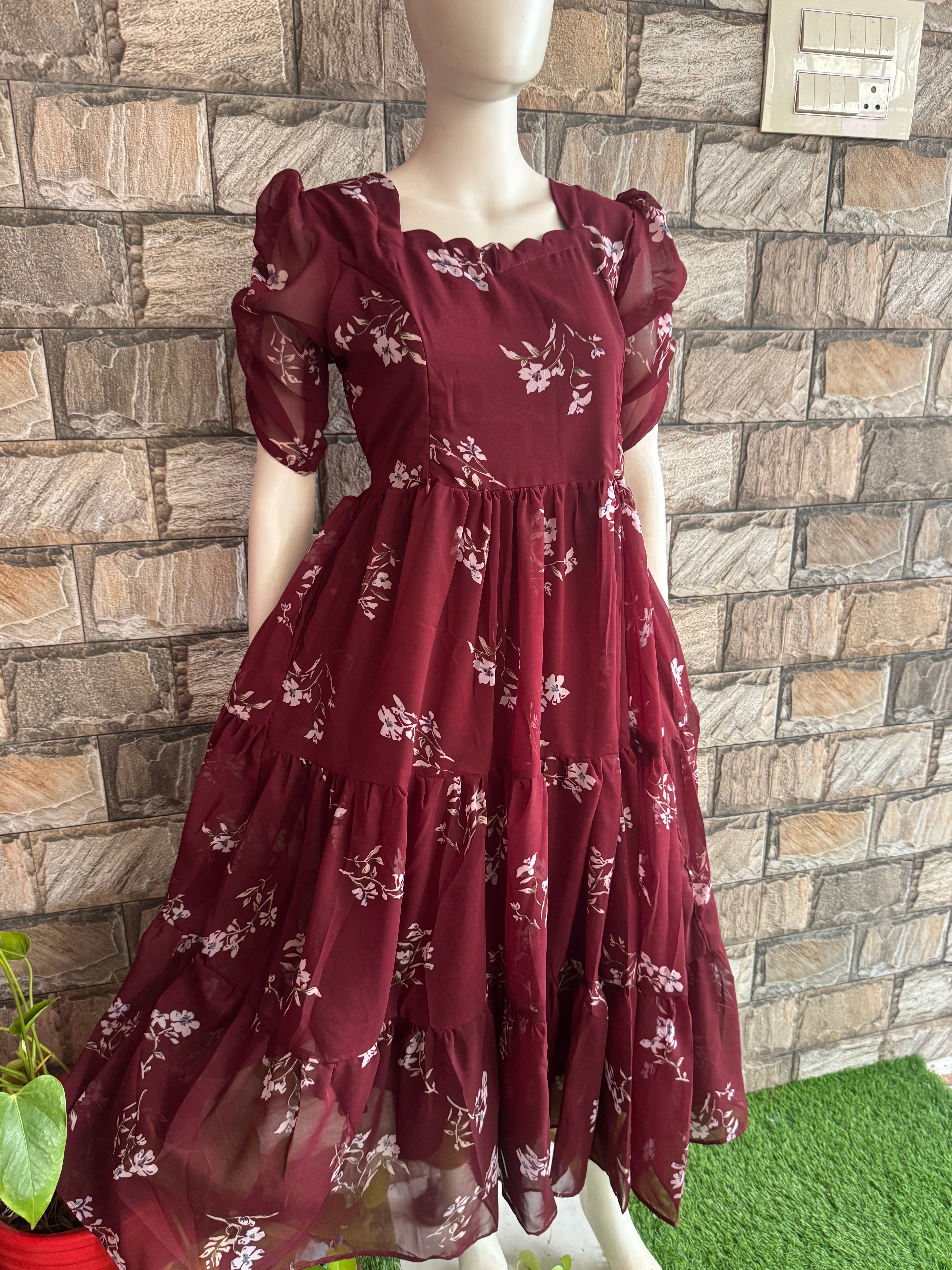 Maroon Georgette Maternity Feeding maxi