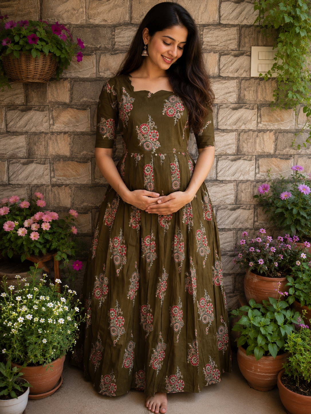 Olive soft cotton Maternity maxi