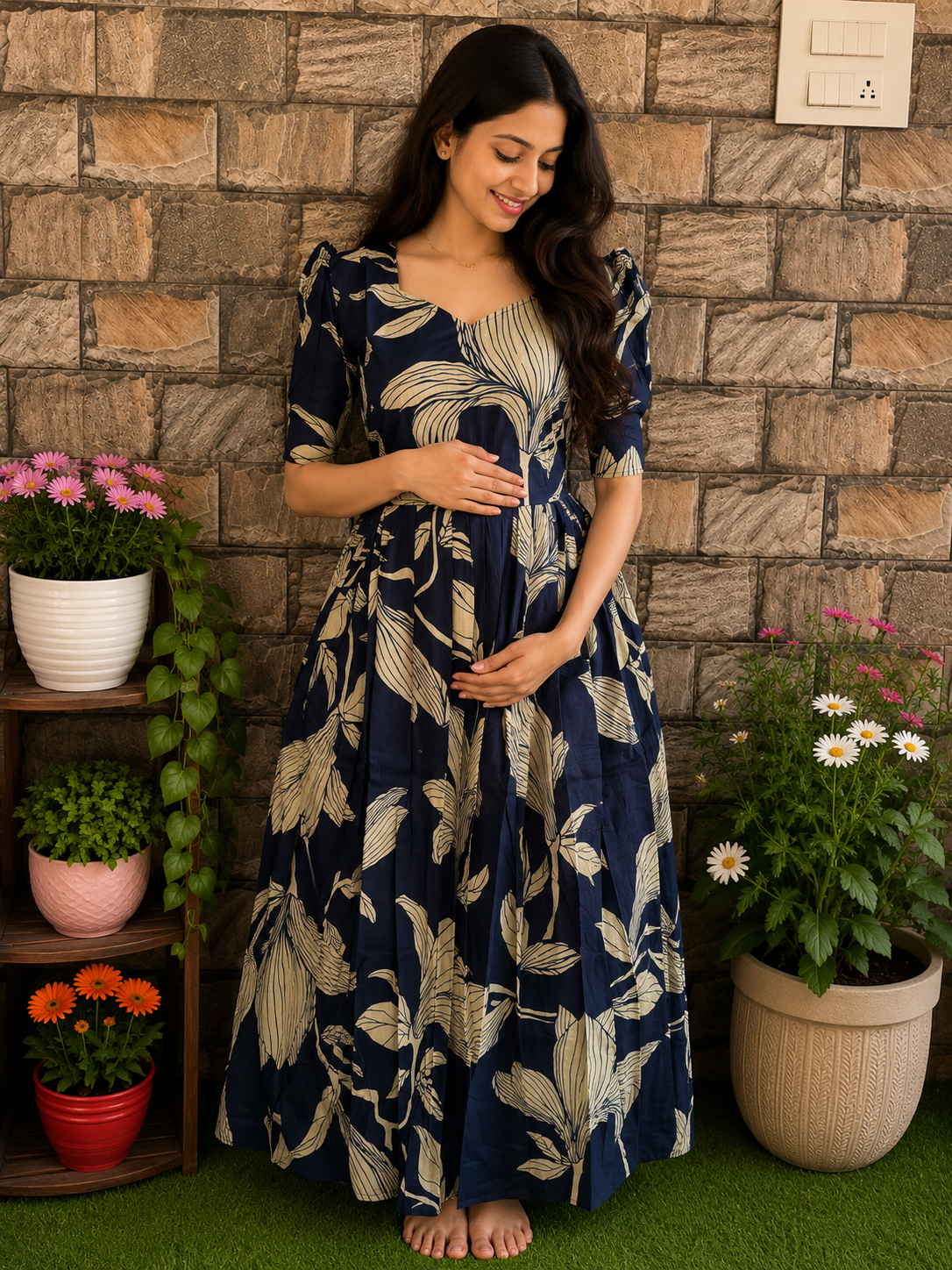 Navy soft cotton Maternity maxi Tulip