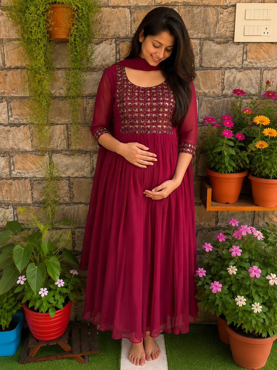 Handwork festive Georgette Maternity set Maxi Maroon