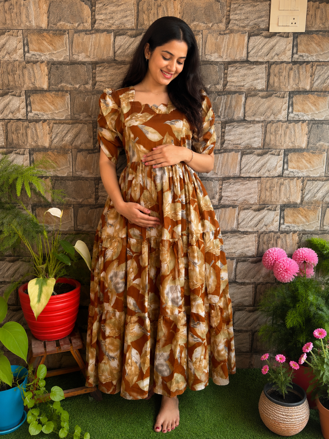 Brownish rust orange shade leaf Delta Maternity maxi