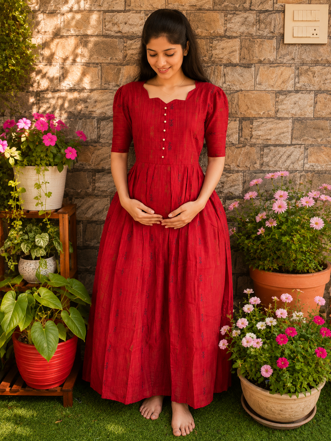 Jacquard handloom cotton  maternity Feeding maxi Maroon