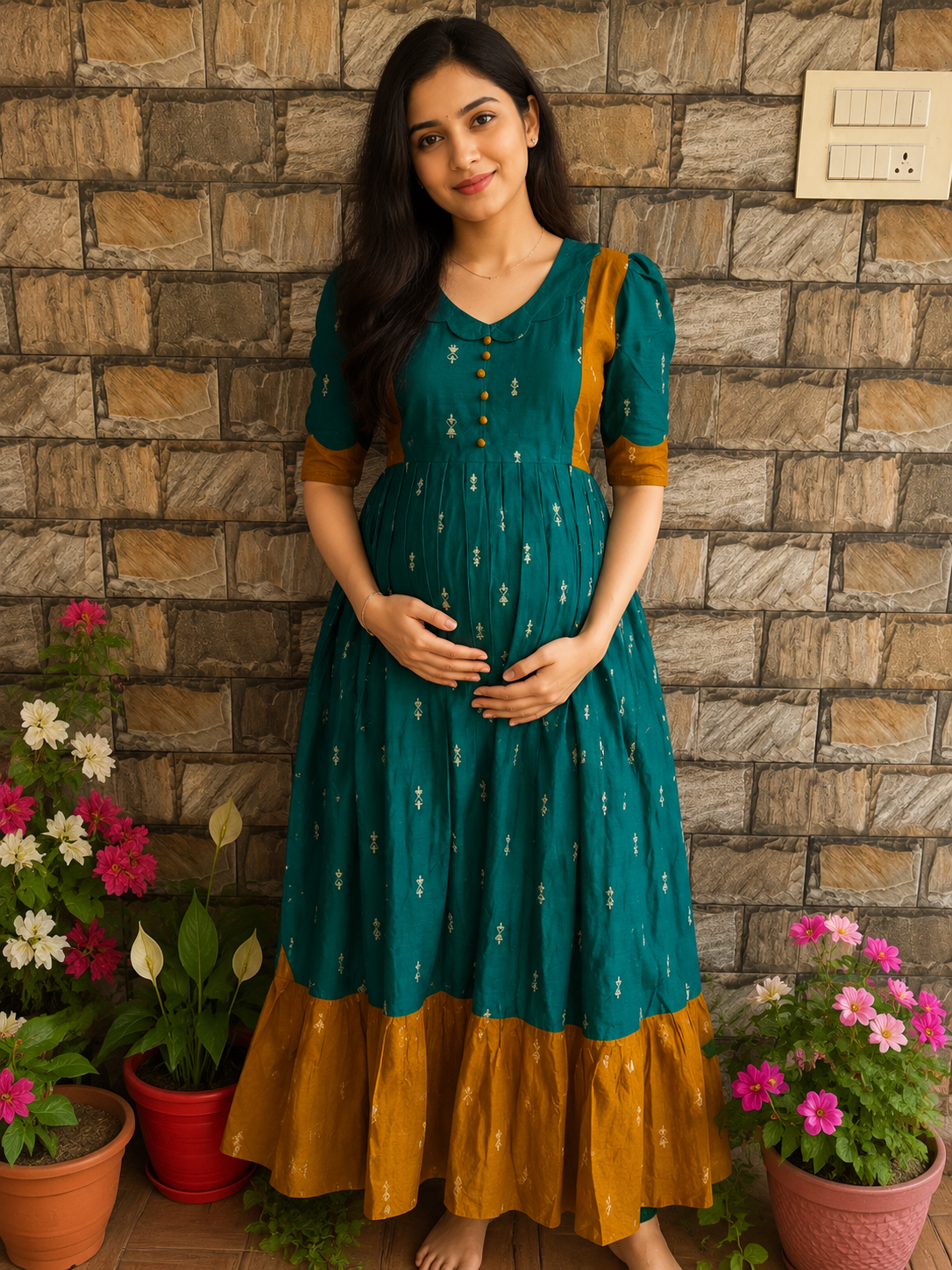 Festive wear Maternity raw silk maxi Rama Green