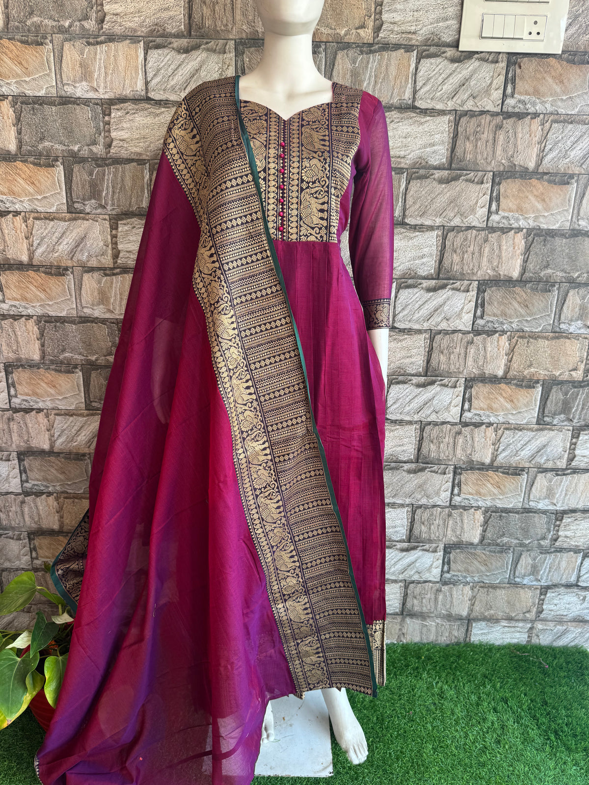 Diwali series Maternity chettinad cotton maxi with dupatta Brinjal wine