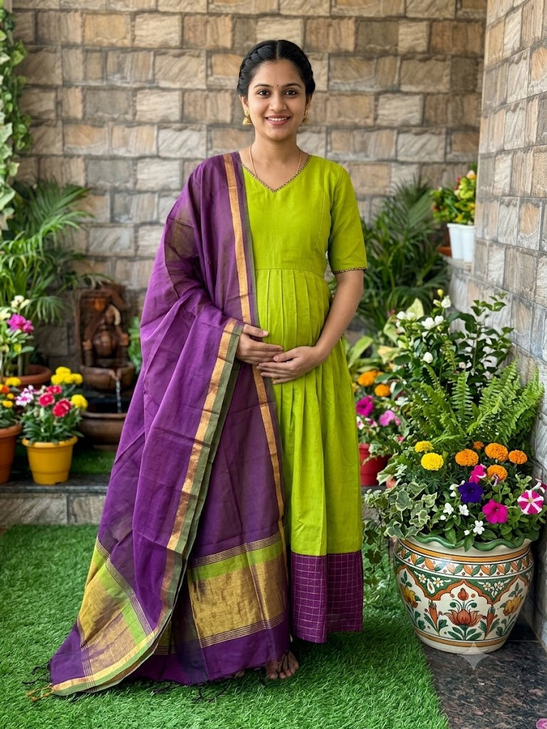 Diwali series Maternity raw silk maxi Parrot  - with Dupatta PRE ORDER 4 business days