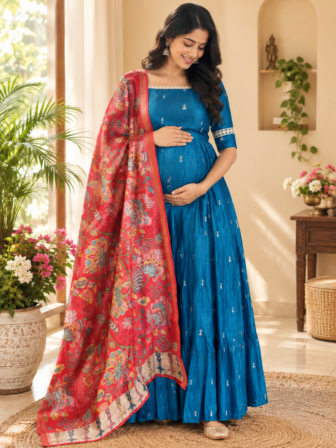 Diwali series Maternity raw silk maxi- with Dupatta