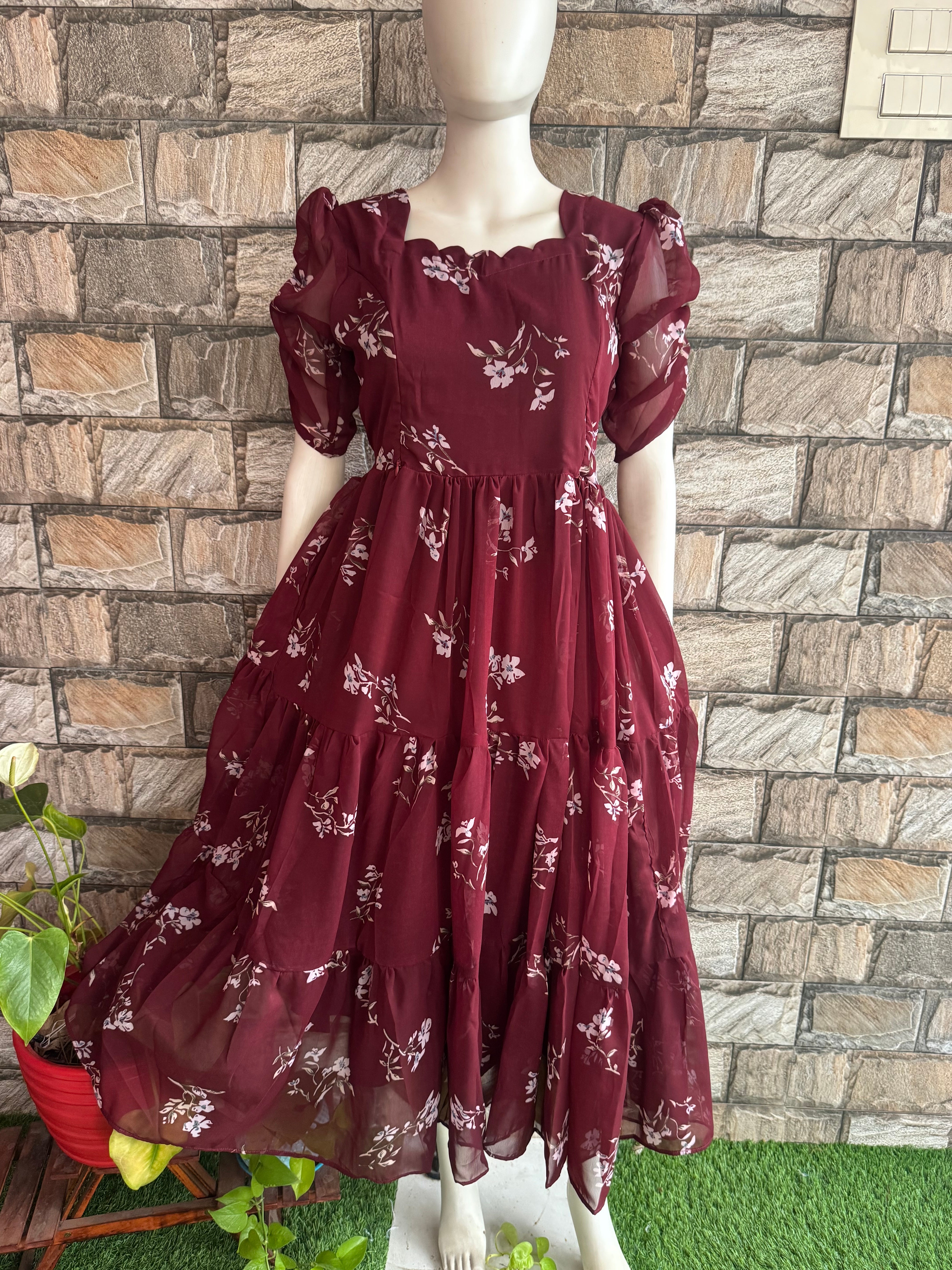 Maroon Georgette Maternity Feeding maxi