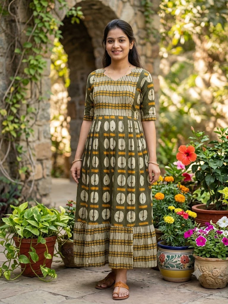 Olive green  soft kanta cotton Maternity Feeding  maxi