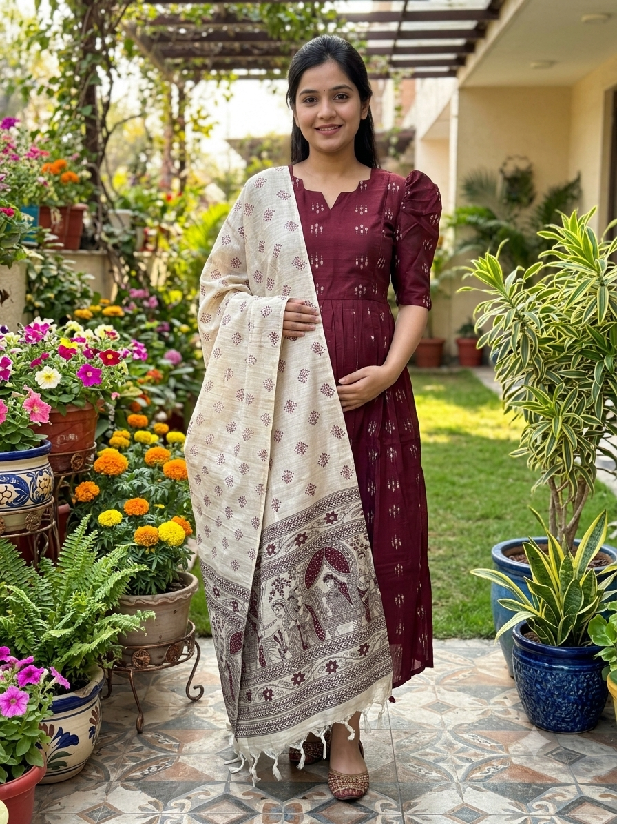 Diwali series Maternity raw silk maxi- with Dupatta