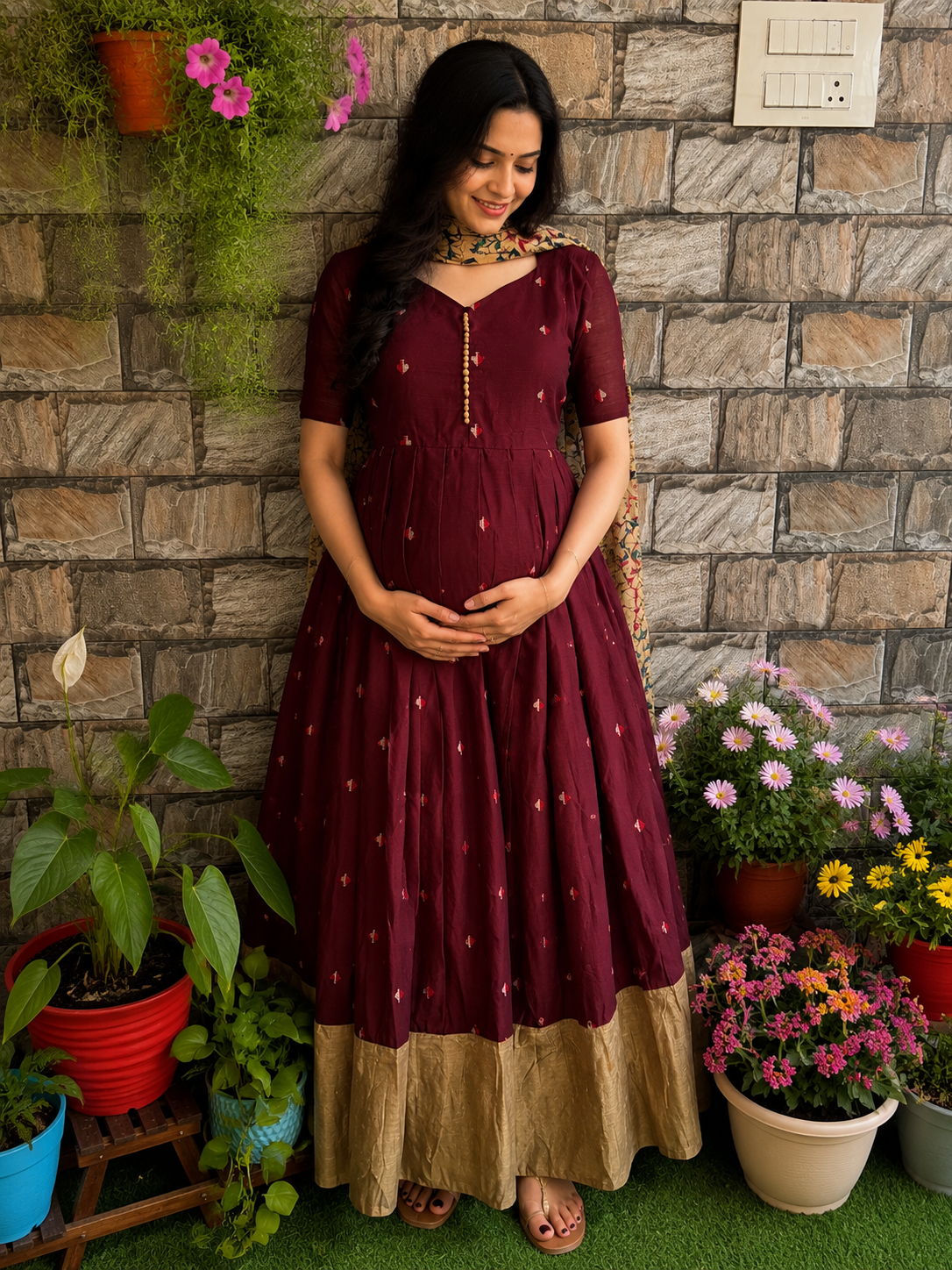 Festive wear Maternity raw silk maxi wine