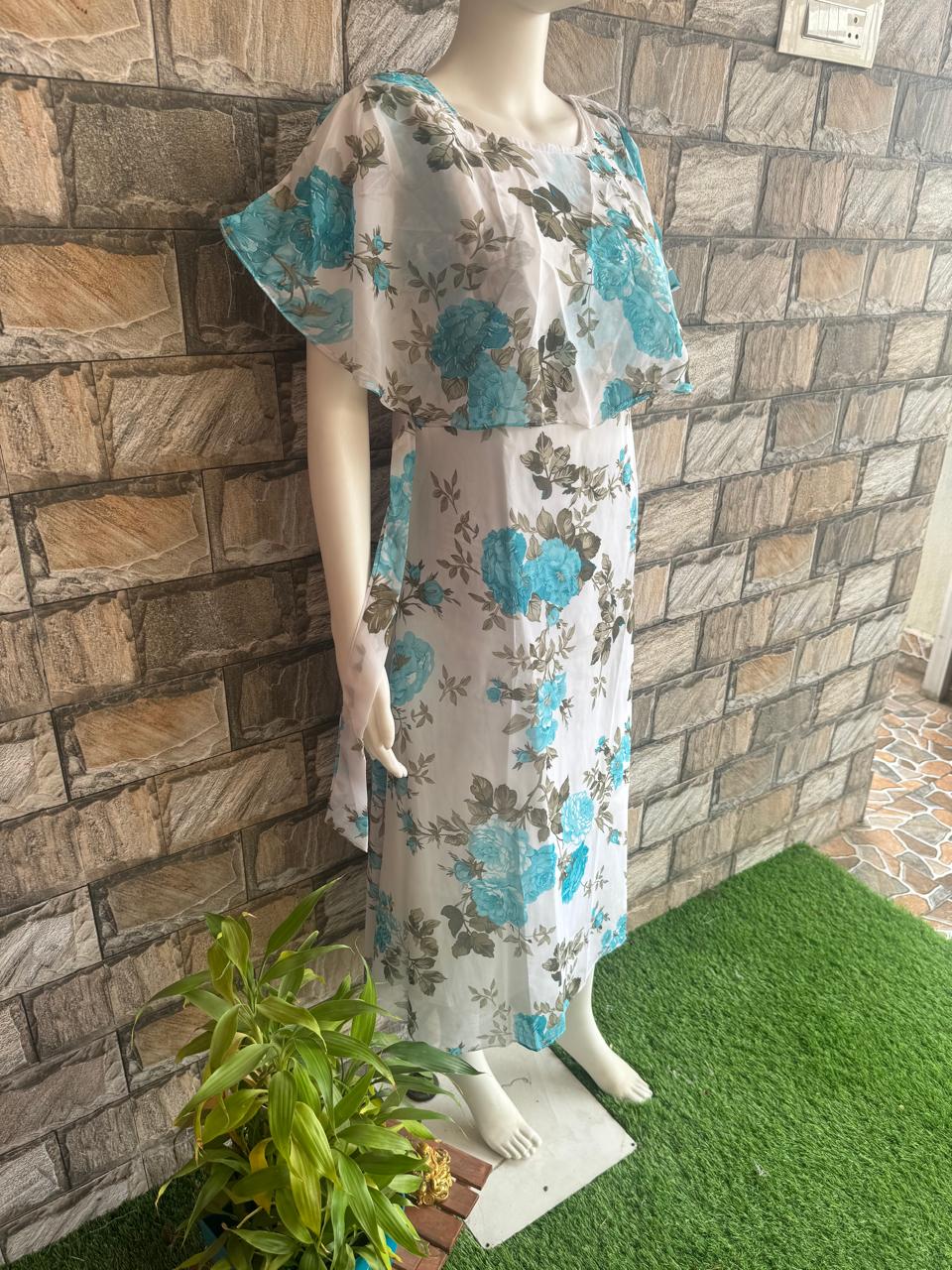 white skyblue flower georgette