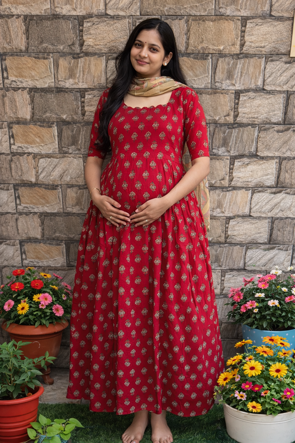 Red maternity cotton maxi